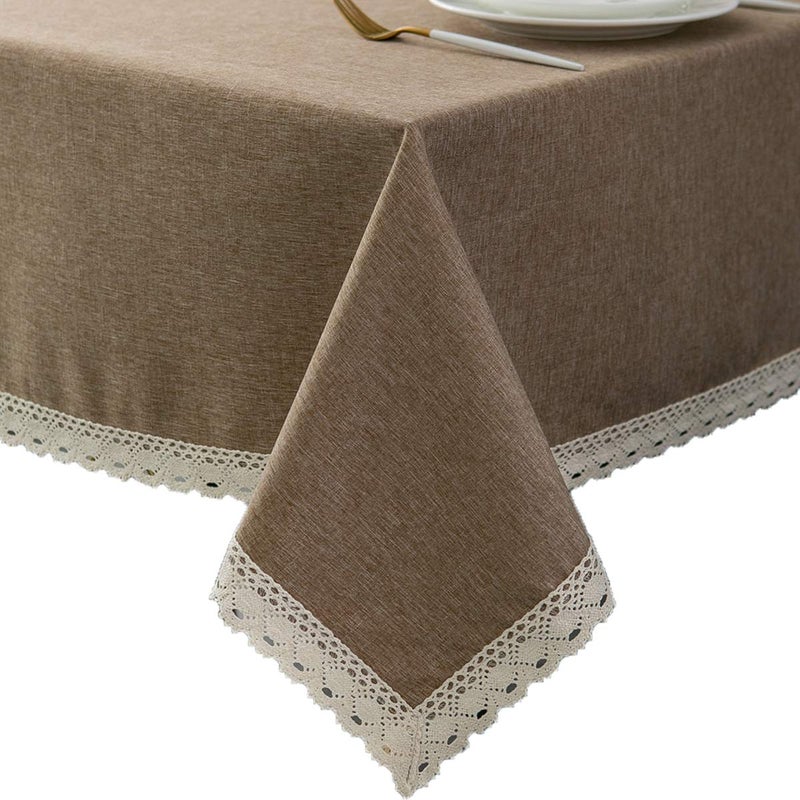 EHouseHome Faux Linen Tablecloth with Lace Trim - Waterproof/Spill Proof/Stain Resistant/Wrinkle Free/Oil Proof - for Banquet, Parties, Dinner,Kitchen,Wedding,Coffee,Holiday,Flax,Rectangle 60x84Inch - Image 1